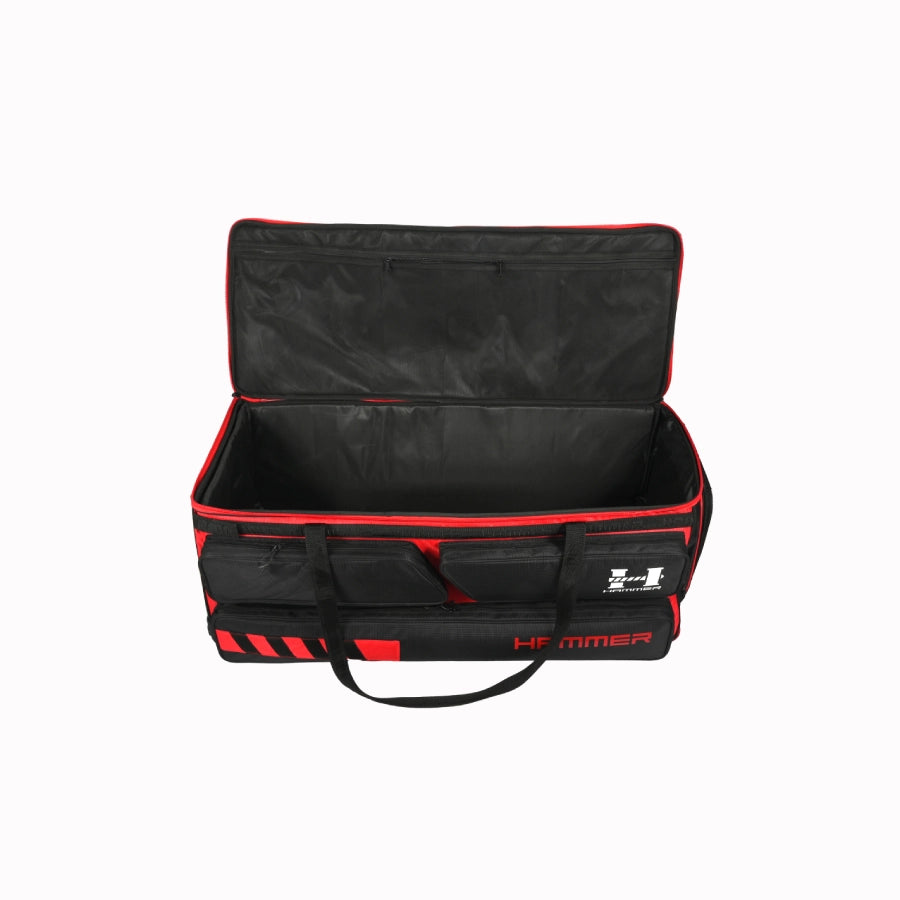 hammer red and black trolley kitbag with wheels opened