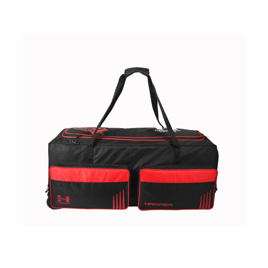 hammer red and black trolley kitbag with wheels with straps